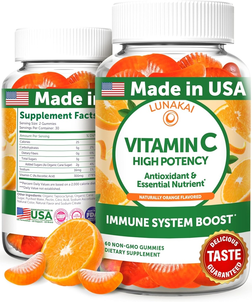 Lunakai USA Made High Potency Vitamin C Gummies for Adults and Kids - 300mg Ανοσολογική Υποστήριξη - Μη-ΓΤΟ, Vegan, Νόστιμο Πορτοκαλί Γεύση, 60ct