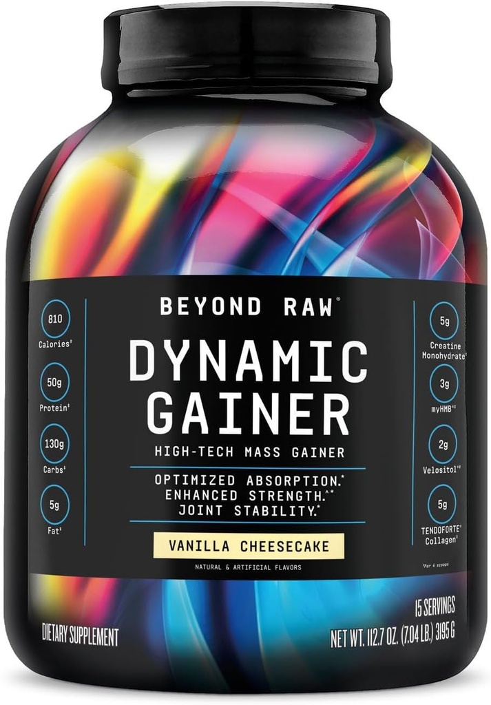 BEYOND RAW Dynamic Gainer. High-Tech Mass Gainer, Optimized Absorption and Enhanced Strength, Vanilla Cheesecake, 15 Servings
