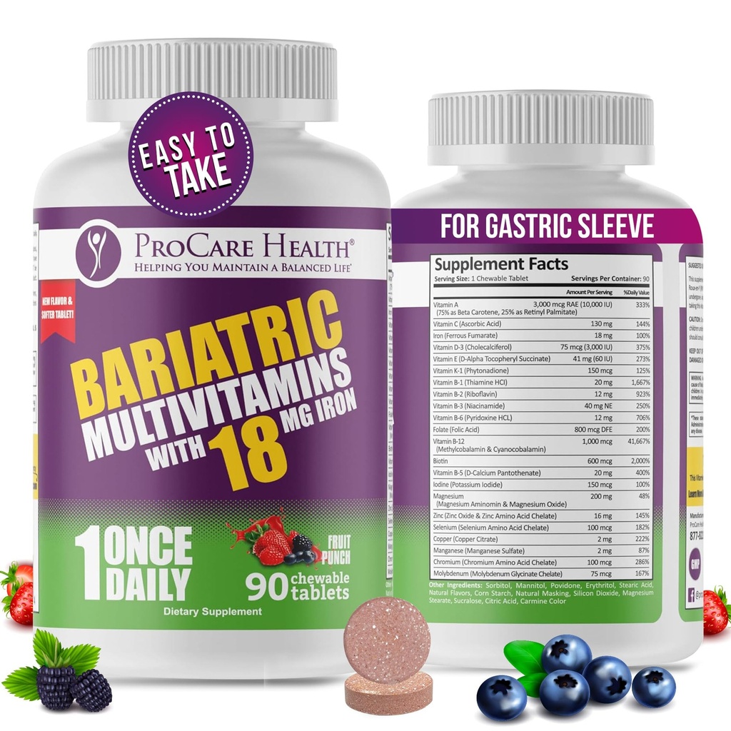 ProCare Health Bariatric μασώμενη πολυβιταμίνη με σίδηρο 18mg (90 δισκία) - Fruit Punch Flavor - για Gastric Bypass & Sleeve Gastrecty Aσθενείς * (3 Μήνες Προσφορά)