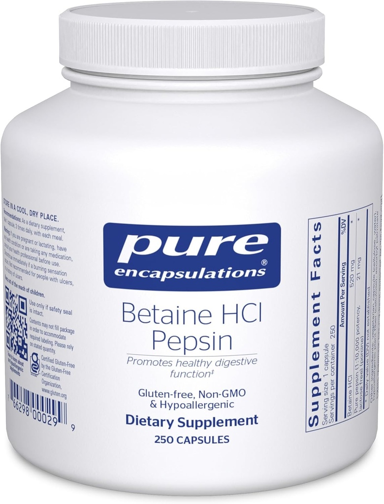 Καθαρές ενθυλακώσεις Betaine HCl Pepsin - Digestive Enzymes συμπλήρωμα για το βοήθημα & υποστήριξη, στομαχικό οξύ & θρεπτικό απορρόφηση * - με Betain HCl Pepsin - 250 κάψουλες