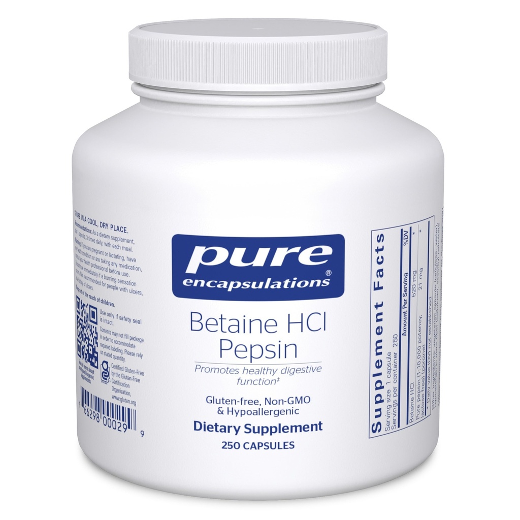 Καθαρές ενθυλακώσεις Betaine HCl Pepsin - Digestive Enzymes συμπλήρωμα για το βοήθημα & υποστήριξη, στομαχικό οξύ & θρεπτικό απορρόφηση * - με Betain HCl Pepsin - 250 κάψουλες
