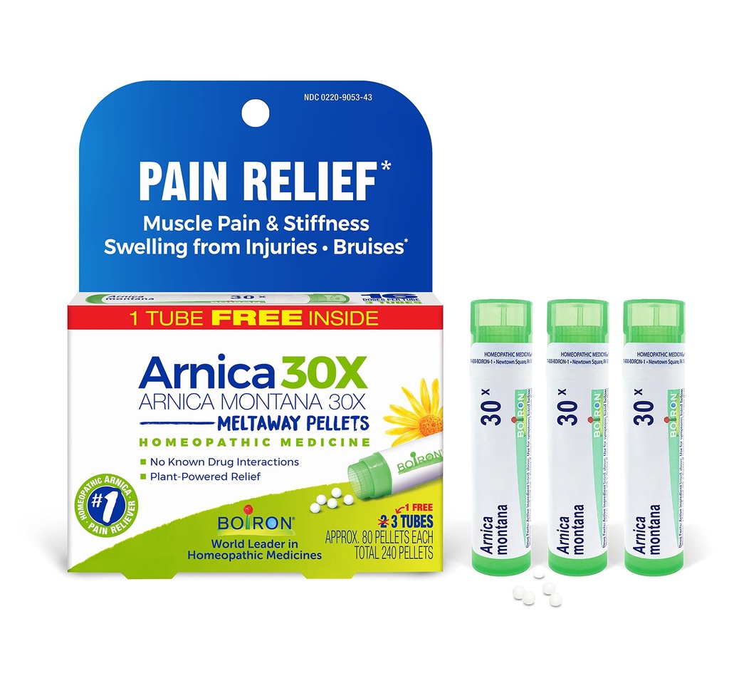 Boiron Arnica Montana 30X Ομοιοπαθητική Ιατρική για την Ανακούφιση από τον Μυϊκό Πόνος, Μυική Ακαμψία, Οίδημα από τον Τραυματισμό, και Αποχρωματισμός από Μώλωπες - 3 Count (240 Pellets)