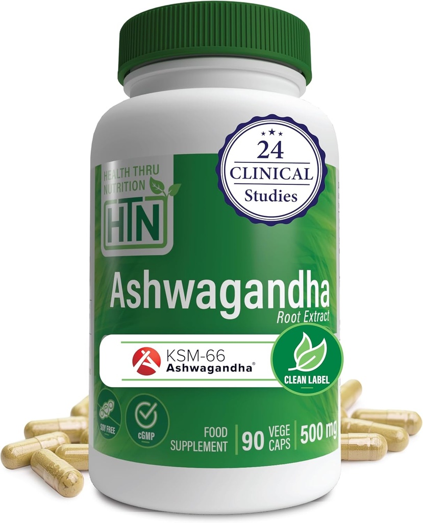 Health Thru Nutrition Ashwagandha 500mg KSM­66® 90 Capsules | Stress, Mood, Focus, & Energy | Clinically Proven and Organic Root-Only Whitania Somnifera Extract | Non-GMO, Gluten & Soy Free