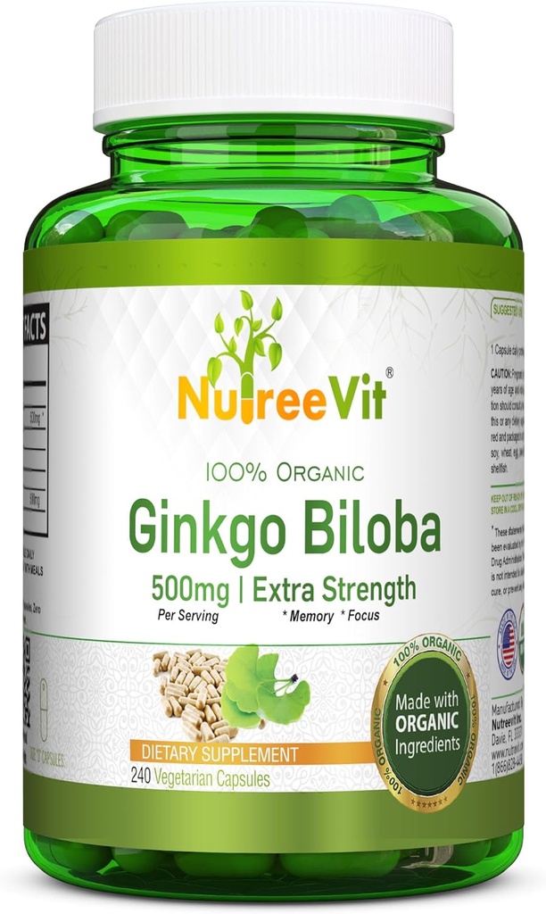 NutreeVit Ginkgo Biloba Herbal Supplement Capsules (240 Count)