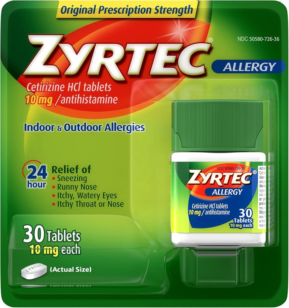 Zyrtec 24 Ωριαία δισκία ανακούφισης, 10 mg Cetirizine HCl Αντιισταμινική Αλλεργική Ιατρική, 30 ct Red