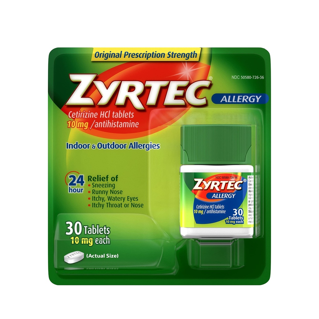 Zyrtec 24 Ωριαία δισκία ανακούφισης, 10 mg Cetirizine HCl Αντιισταμινική Αλλεργική Ιατρική, 30 ct Red