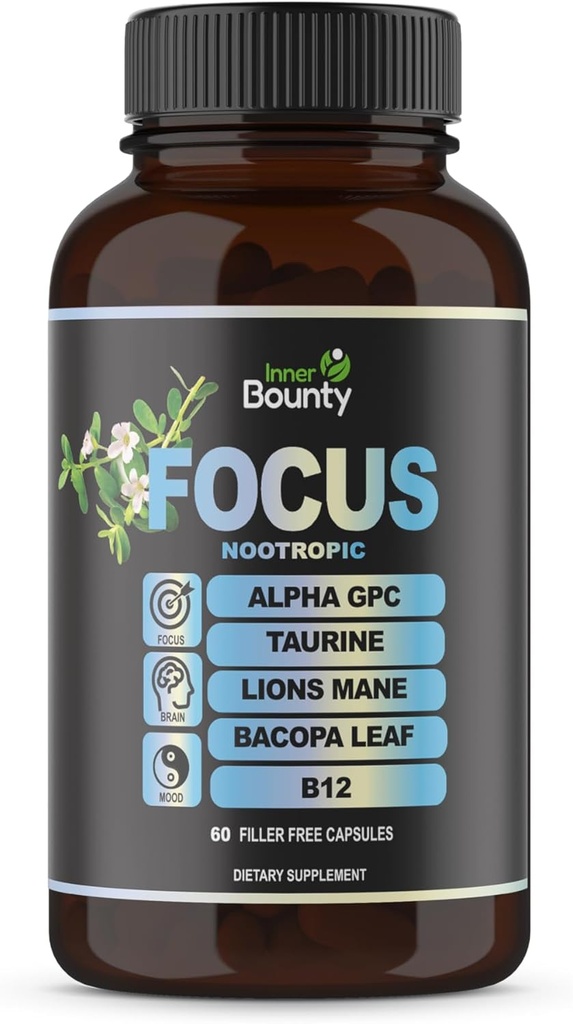 Focus 14-in-1 Nootropic Brain Supplement with Lions Mane, Alpha GPC Choline, Vitamin C & B12, Taurine, Bacopa - Ενέργεια, Γνωστική, Υποστήριξη μνήμης, 60 Filler Free Capsles
