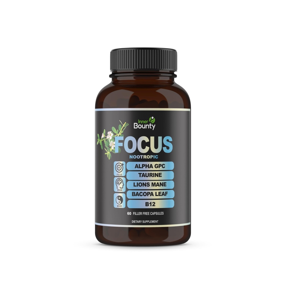 Focus 14-in-1 Nootropic Brain Supplement with Lions Mane, Alpha GPC Choline, Vitamin C & B12, Taurine, Bacopa - Ενέργεια, Γνωστική, Υποστήριξη μνήμης, 60 Filler Free Capsles