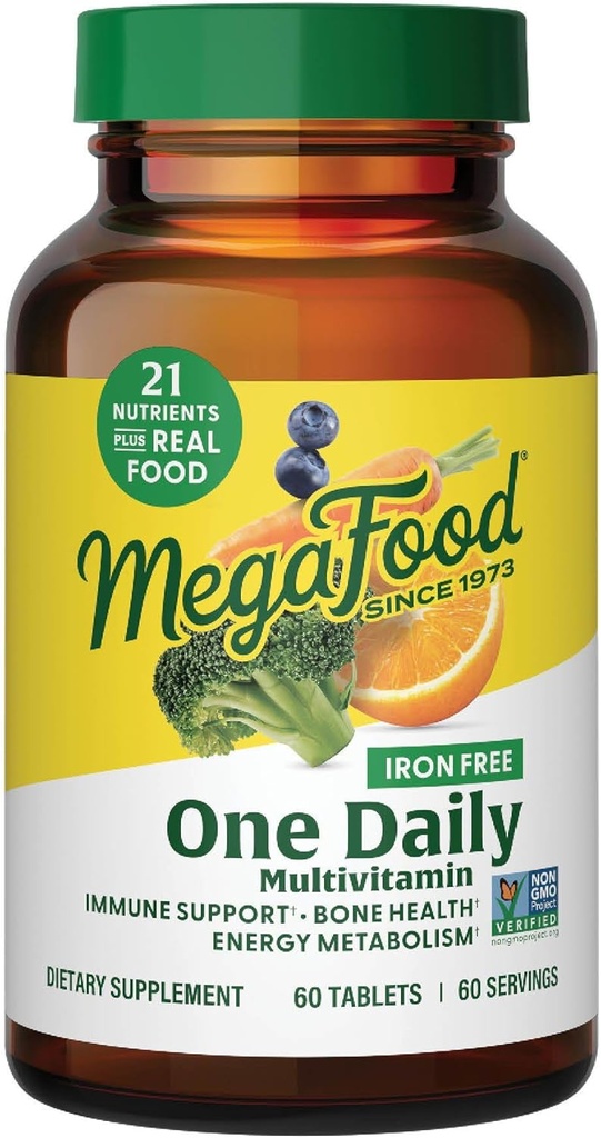 MegaFood One Daily Iron Free Multivitamin - Multivitamin for Women and Men - with Real Food - Immune Support Supplement - Υγεία των οστών - Ενέργεια Μεταβολισμός - Χορτοφαγική; Μη ΓΤΟ; Όχι Σιδήρου - 60 δισκία