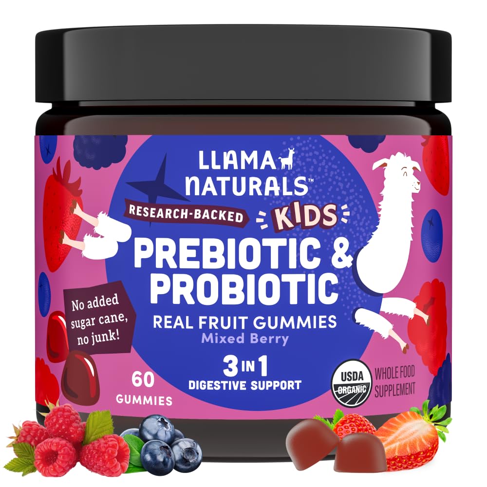 Llama Naturals Παιδικό προβιοτικό με προβιοτικές Ίνες, Vegan, Βιολογικά Πρεβιοτικά και Προβιοτικά Gummies για την υποστήριξη της υγείας των ούρων, Τοντλερ Real Fruit Gummy Βιταμίνες, Όχι Προστιθέμενη ζάχαρη ζαχαροκάλαμο, Μικτό μούρο, 60 Ct