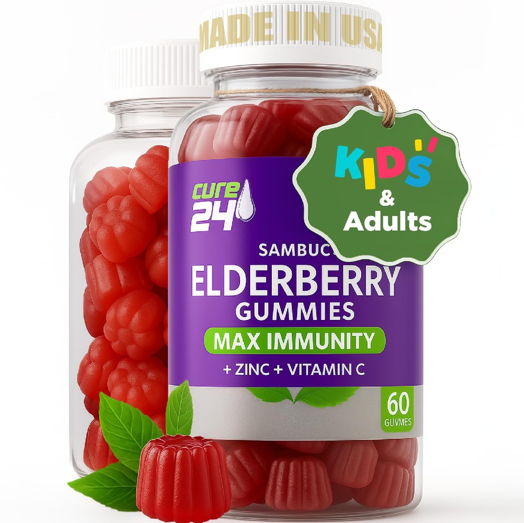 Sambucus Elderberry Gummies + Βιταμίνη C + Ψευδάργυρος για παιδιά και ενήλικες, X3 Ανοσολογική Υποστήριξη, Φυσικές Γεύσεις + Συστατικά, Vegan, Μη ΓΤΟ, Κατασκευασμένο στις ΗΠΑ (60)