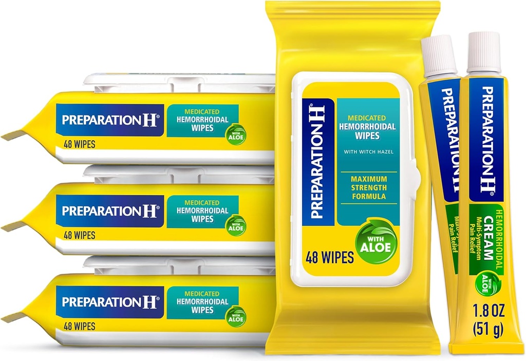 Preparation H Hemorrhoid Wipes with Witch Hazel, 192 Ct Plus Preparation H Hemorrhoid Symptom Treatment Cream, 2 Tubes x 1.8 oz, Wipe Plus Treat for Better Relief, Hemorrhoid Care Bundle