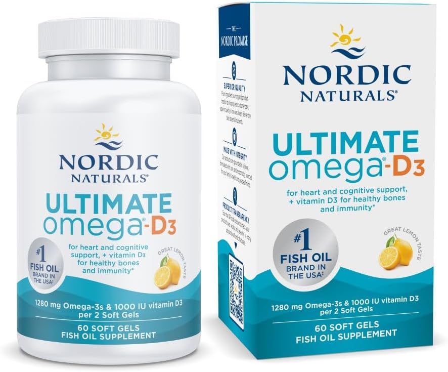 Nordic Naturals Ultimate Omega-D3, Lemon Flavor - 60 Soft Gels - 1280 mg Omega-3 + 1000 IU Βιταμίνη D3 - EPA & DHA - Προάγει τον εγκέφαλο, την καρδιά, & την ανοσοποιητική υγεία - 30 Υπηρεσίες