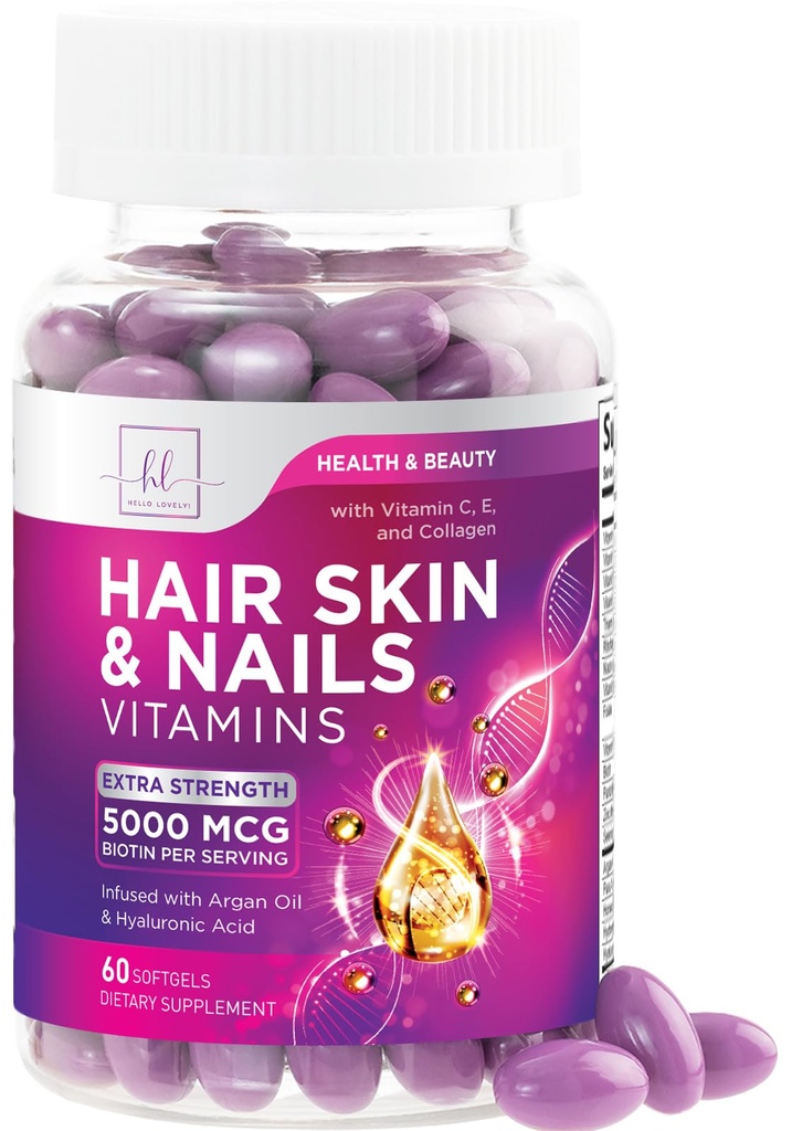 Hair, Skin & Nails Βιταμίνες για γυναίκες - Biotin 5000mcg για την υποστήριξη της ανάπτυξης των μαλλιών με Argan Oil, Collagen & Hyaluronic Acid, Όμορφη, ισχυρότερη επιδερμίδα, μαλλιά & νύχια Συμπλήρωμα βιταμίνης - 60 Softgels