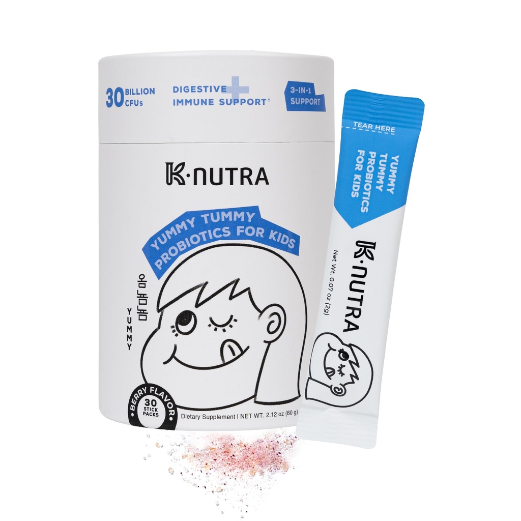 K-Nutra Yummy Tummy Probiotics for Kids | 2.12oz (30 Sticks) | 3-in-1 Prebiotic & Probiotic Powder | 30 Billion CFUs | Supports Digestive & Supports Immune Health | for Ages 3+