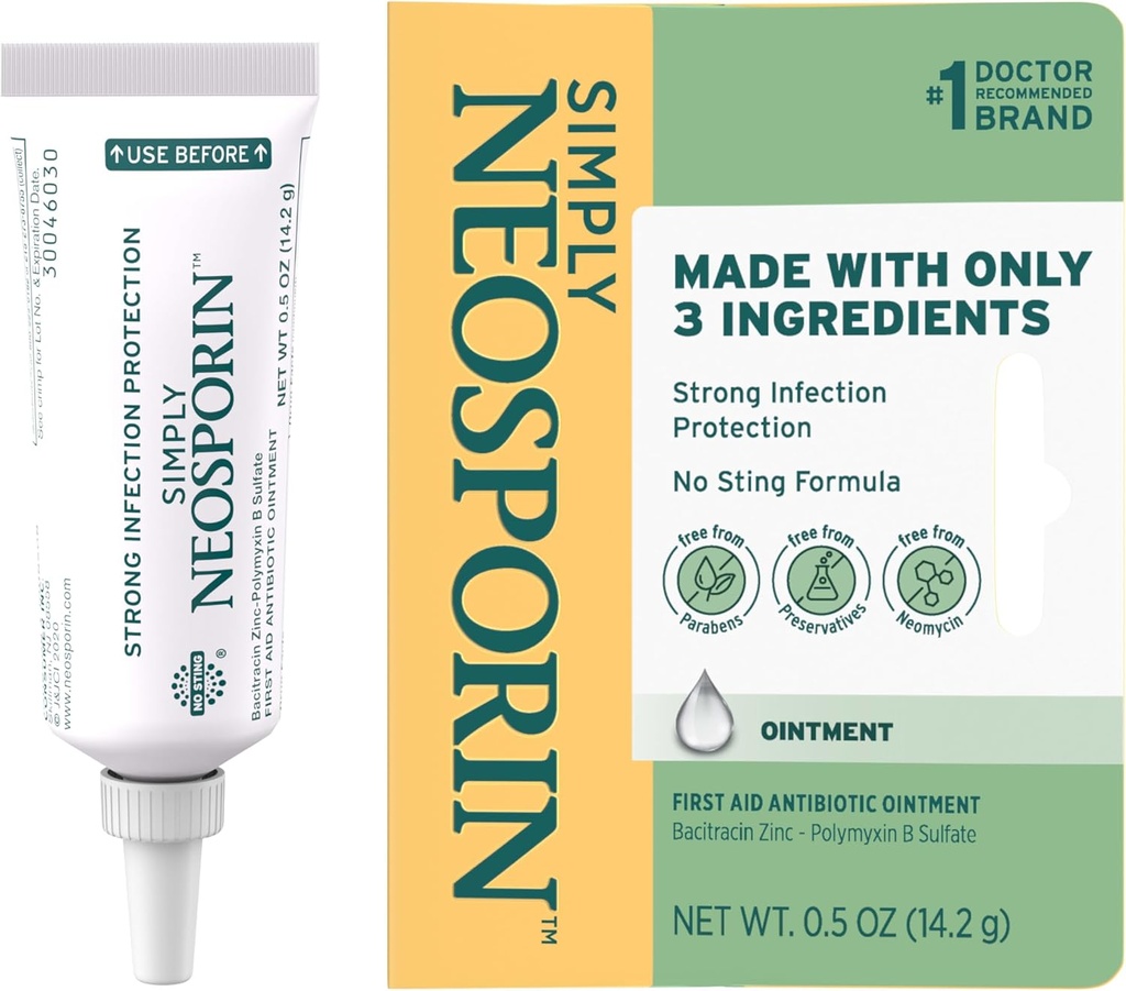 Neosporin Απλά Φόρμουλα 3-Συστατικό πρώτης βοηθείας Αντιβιοτική Αλοιφή και θεραπεία τραύματος με Bacitracin Ψευδάργυρος και πολυμυξίνη Β θειικό, συντηρητικό-, Paraben- και Neomycin-free, 0,5 oz