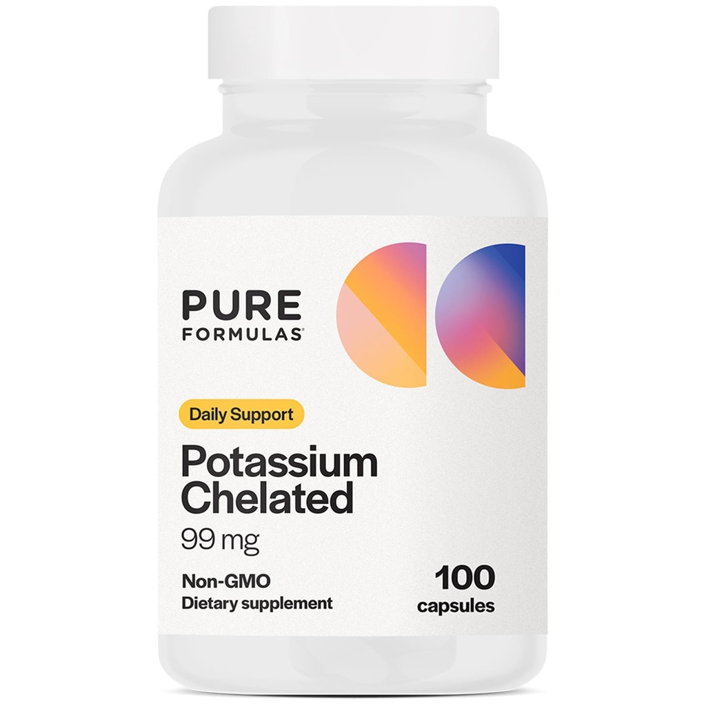 Συμπληρώματα καλίου PureFormulas Chelated 99 mg Υψηλής απορρόφησης καθαρής φόρμουλας καλίου για την ενέργεια, τα νεύρα, τους μυς, τα νεφρά, την καρδιά, και τη σκελετική υποστήριξη, μη ΓΤΟ - 100 κάψουλες χορτοφαγικών