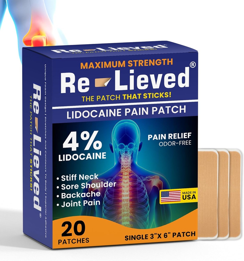 Re-Lived 4% Lidocaeine Patches μέγιστη δύναμη - αλουμίνιο-ελεύθερο, ανθεκτικό στο νερό και ΗΠΑ Κατασκευασμένο -Superior Sticking Pain Relief Patches Ανακουφίζει γρήγορα πίσω, αρθρώσεις και μυϊκό πόνο-3x6 Inches (20 Count)