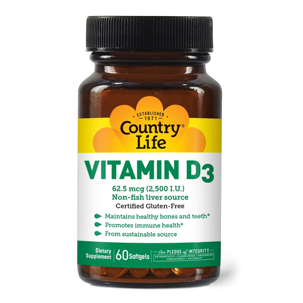 Χώρα Ζωή Βιταμίνη D3 2500 I.U. Χωρίς γλουτένη, 60 Softgels