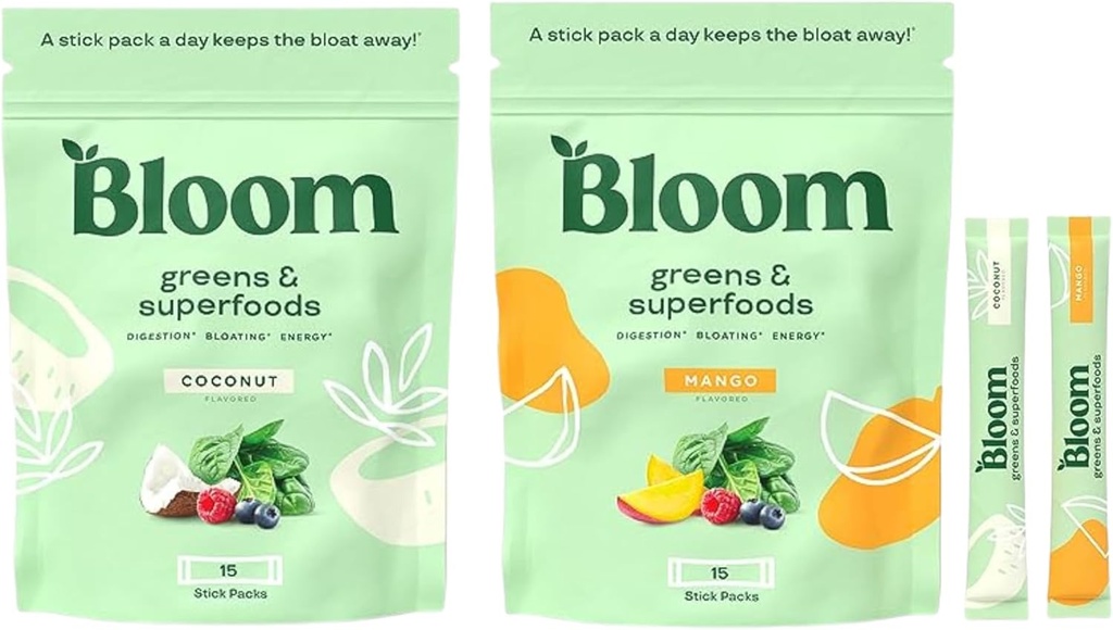 Bloom Nutrition Super Greens Powder Stocking Stuffer Stick Packs Bundle - Mango & Coconut