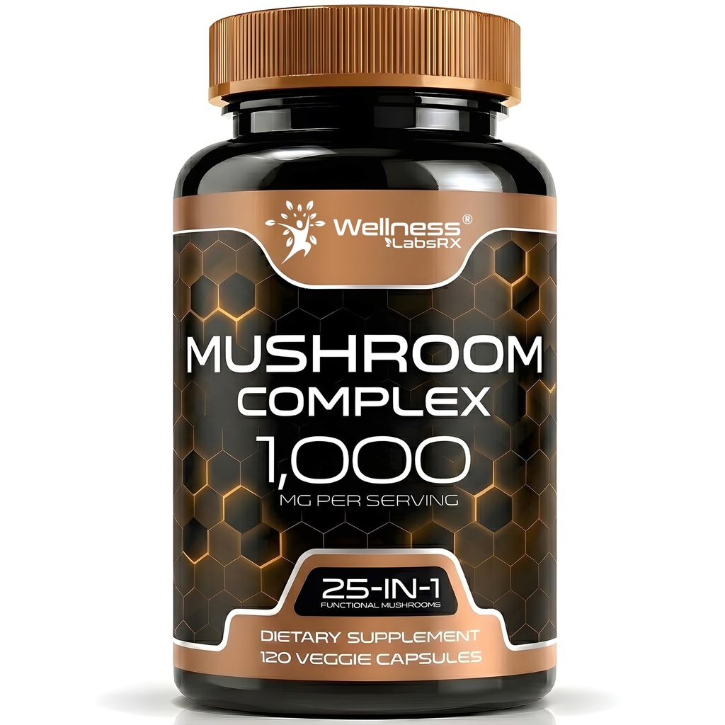 WELLNESS LABSRX Mushroom Supplement Capsules 10:1 Extract, Mushroom Complex Capsules 1000mg, Lions Mane Supplement with Turkey Tail, Cordyceps, Reishi - 120 Count