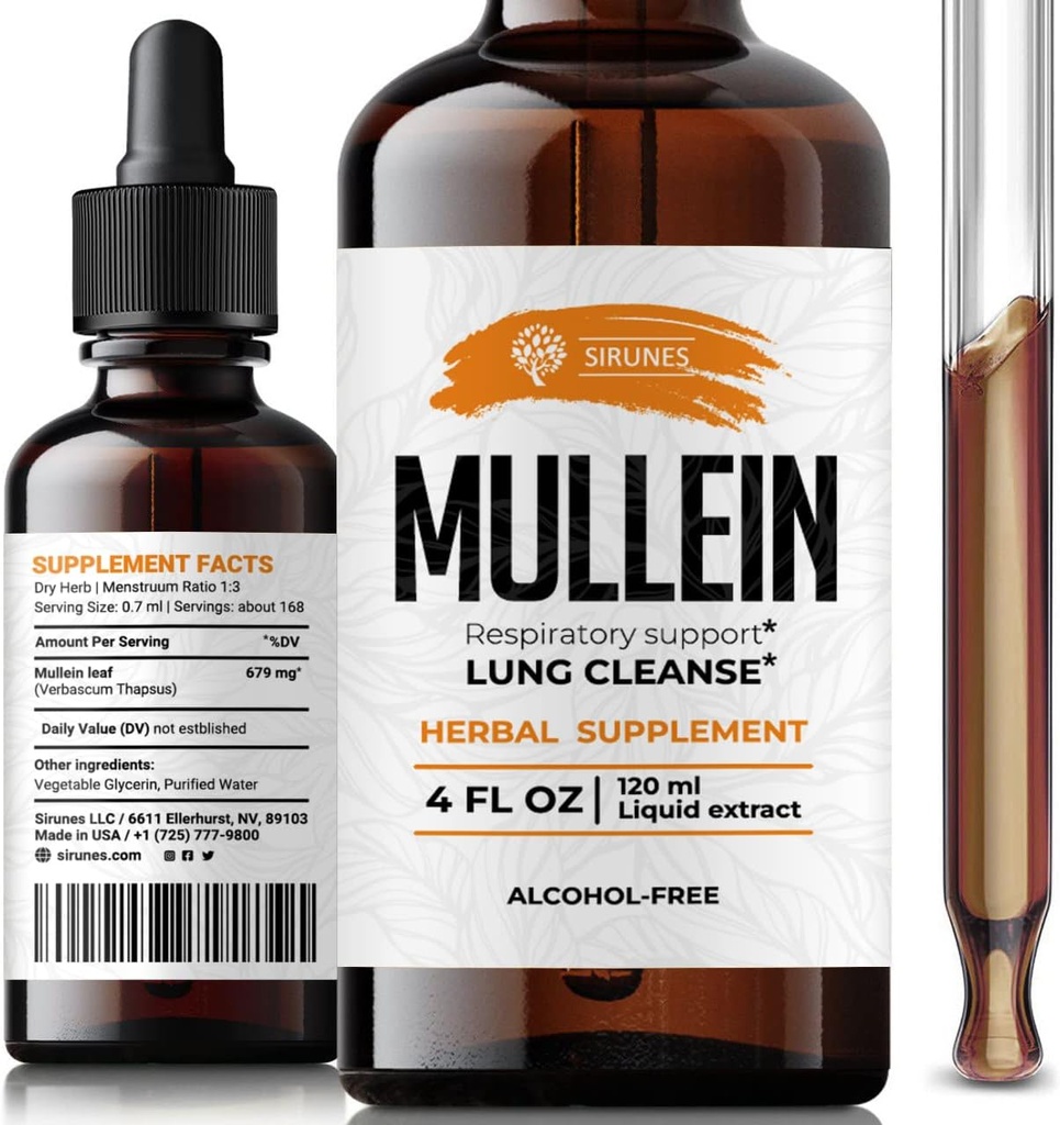 SIRUNES Mullein Leaf Verbascum Thapsus Dietary Supplement - Promoting Lung, Respiratory (Mullein 4Fl Oz)