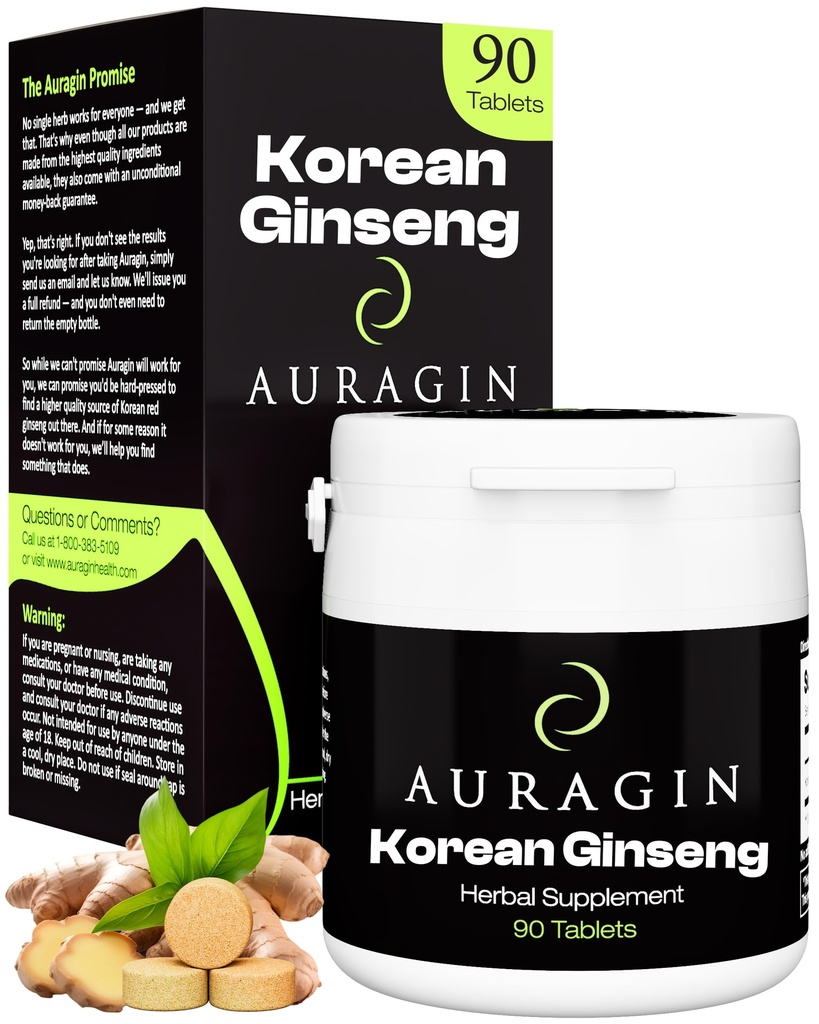 Auragin® Αυθεντικό Κορεατικό Κόκκινο Ginseng – Κατασκευασμένο στην Κορέα – 6 χρόνια ρίζες – Χωρίς Πρόσθετα ή άλλα συστατικά – 100% Κόκκινο Panax Ginseng σε κάθε δισκίο