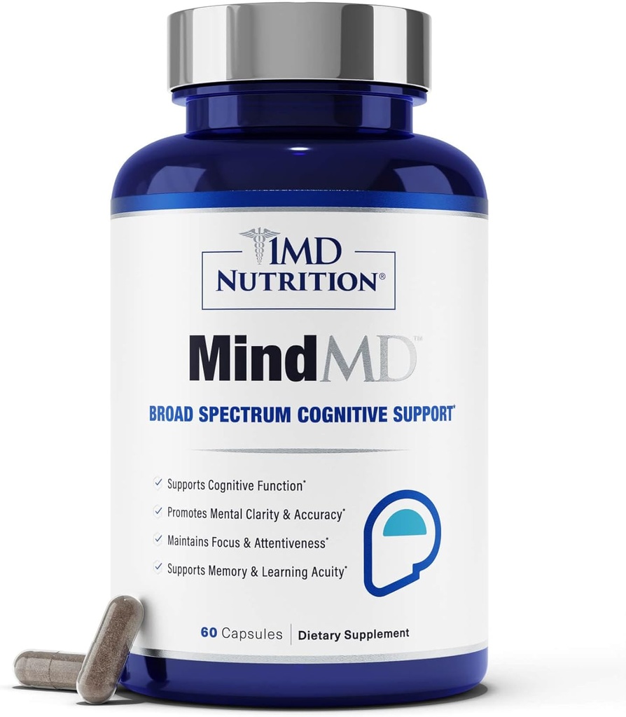 1MD Διατροφή MindMD - Συμπλήρωμα εγκεφάλου για τη μνήμη και την εστίαση - Bacopa Monnieri για Nootropic Εγκεφαλική Υποστήριξη - Συμπλήρωμα Εγκεφαλικής Υγείας για Ενήλικες - με Βιταμίνη B6 & Πράσινο Τσάι Εκχύλισμα - 60 Caps