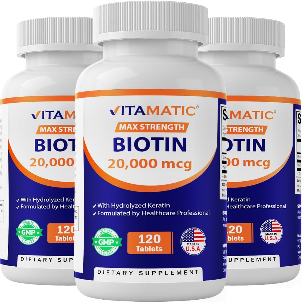 Vitamatic High Potency Biotin 20000 mcg (20mg) με κερατίνη 100mg - 120 χορτοφαγικά δισκία - Βιοτίνη συμπληρώματα για υγιές δέρμα μαλλιών & νύχια για ενήλικες (120 Count (Pack of 3))