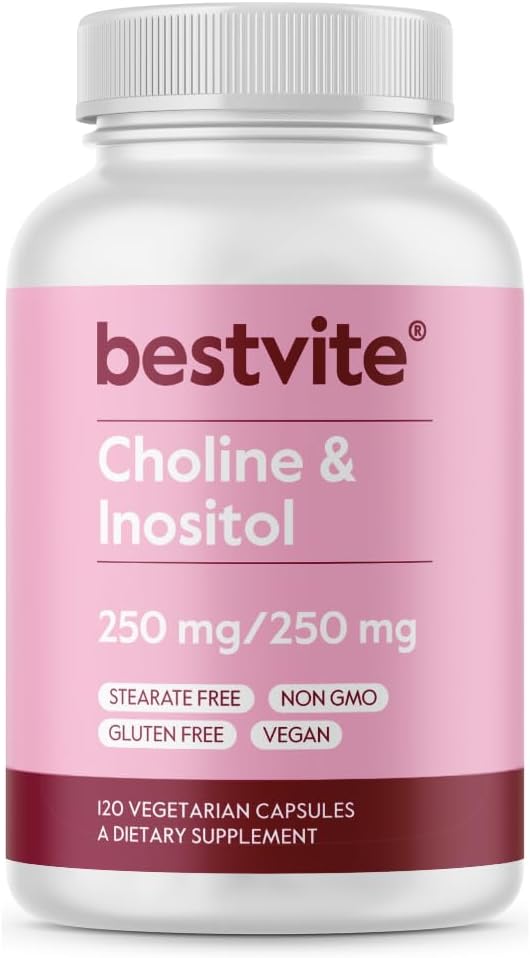 BESTVITE Choline Inositol 500mg (120 κάψουλες χορτοφάγων) - Χωρίς στεατικά - Χωρίς πληρωτικά - Όχι Dicalcium Phosphate - Vegan - Μη ΓΤΟ - Χωρίς γλουτένη