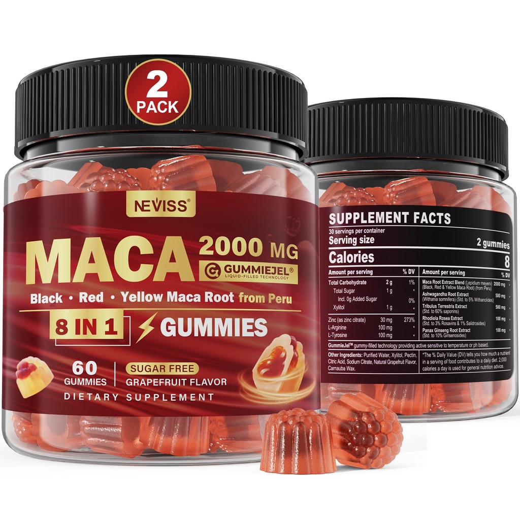 2 Pack Χωρίς ζάχαρη Maca Gummies ρίζα 2000mg με Ashwagandha, Tribulus Terrestris, Rhodiola, Panax Ginseng, L Αργινίνη & L Τυροσίνη - Βιολογικό Μαύρο Κόκκινο Κίτρινο Maca Root για γυναίκες Ανδρική Ενεργειακή Υποστήριξη
