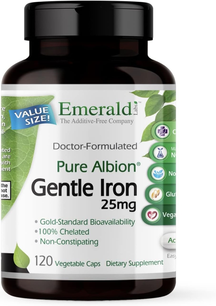 Emerald Labs Gentle Iron 25mg - Χηλικός διγλυκινικός σίδηρος σιδήρου - Χηλικός σίδηρος συμπλήρωμα που υποστηρίζει την ενέργεια, το μάτι, το ανοσοποιητικό και την καρδιά υγεία - 120 κάψουλες λαχανικών (120-ημέρα προμήθεια)