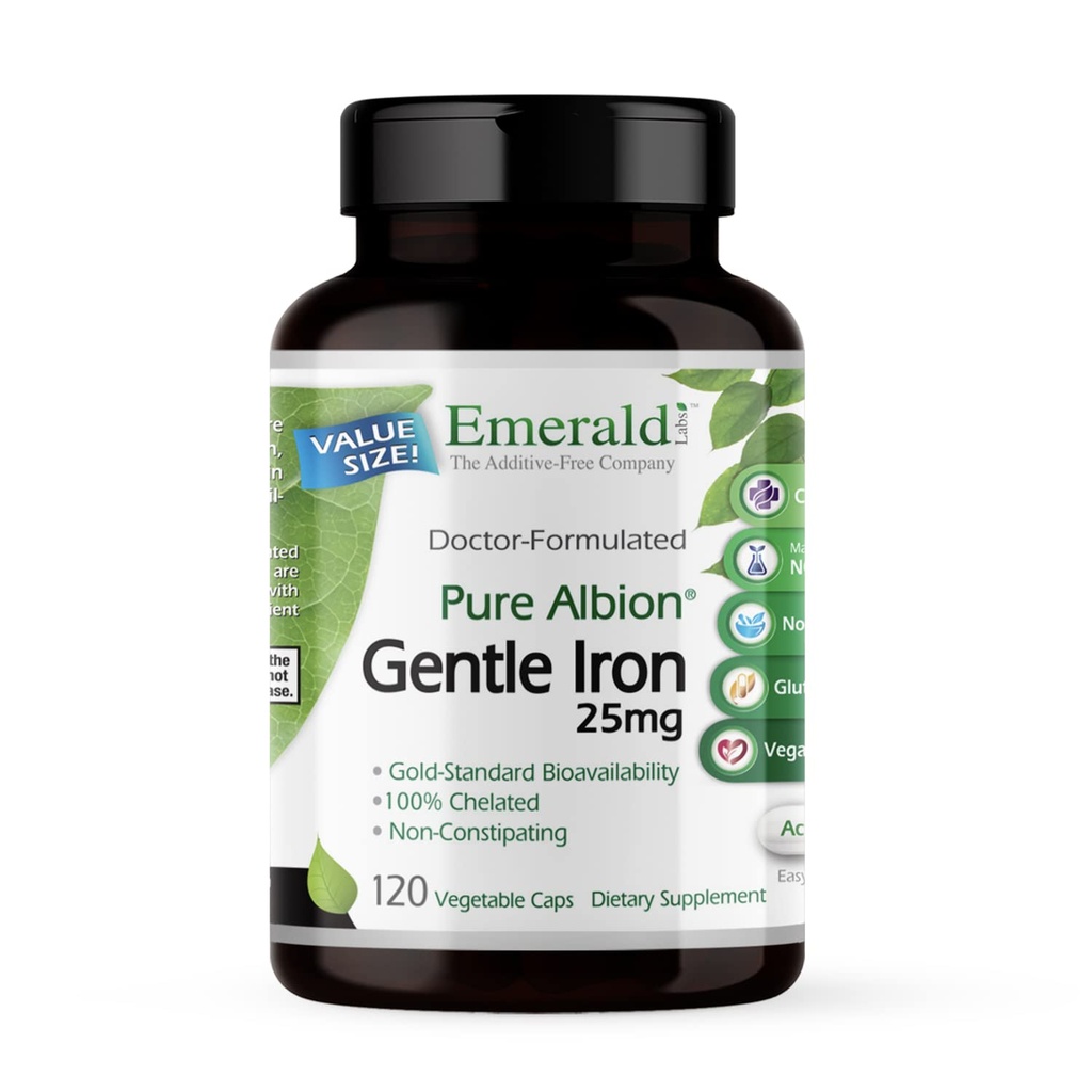 Emerald Labs Gentle Iron 25mg - Χηλικός διγλυκινικός σίδηρος σιδήρου - Χηλικός σίδηρος συμπλήρωμα που υποστηρίζει την ενέργεια, το μάτι, το ανοσοποιητικό και την καρδιά υγεία - 120 κάψουλες λαχανικών (120-ημέρα προμήθεια)