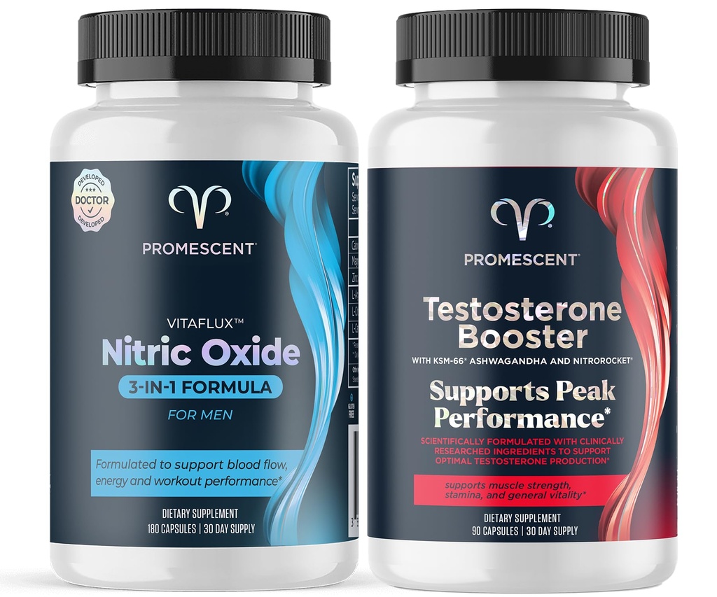 Promescent VitaFLUX Nitric Oxide Supplement, L Arginine l Quality Citrulline Supplements for Men + Testosterone Booster for Men Supplement w/Tongkat Ali (LongJack), KSM-66 Ashwagandha