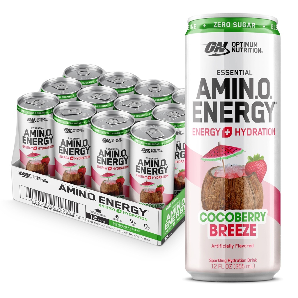 Βέλτιστη Διατροφή Amino Ενέργεια Αφρώδης Ποτό ενυδάτωσης, ηλεκτρολύτες, καφεΐνη, Αμινοξέα, BCAAs, Χωρίς ζάχαρη, Cocoberry Breeze, 12 Fl Oz, 12 Pack (Packing May Vary)