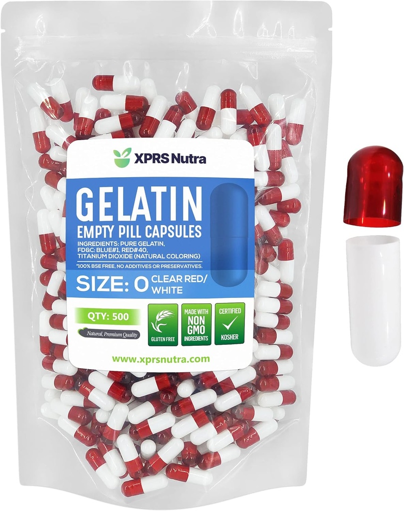 XPRS Nutra Μέγεθος 0 Κενές κάψουλες - 500 Count Empty Gelatin Κάψουλες - DIY Καψάκιο Γέμισμα - Pure Bovine Pill Gel Caps για Do-It-Yourself Συμπληρώματα (Καθαρό κόκκινο / λευκό)