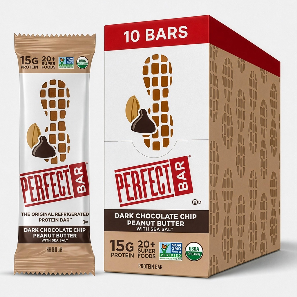 Perfect Bar, Dark Chocolate Chip Φυστικοβούτυρο Protein Bar, Υψηλής πρωτεΐνης, Βιολογικές, Χωρίς γλουτένη, Χωρίς σόγια, Μη ΓΤΟ, Χωρίς Αλκοόλες Ζάχαρης, 2.3 Μπαρ Ουγγιάς, 10 Count