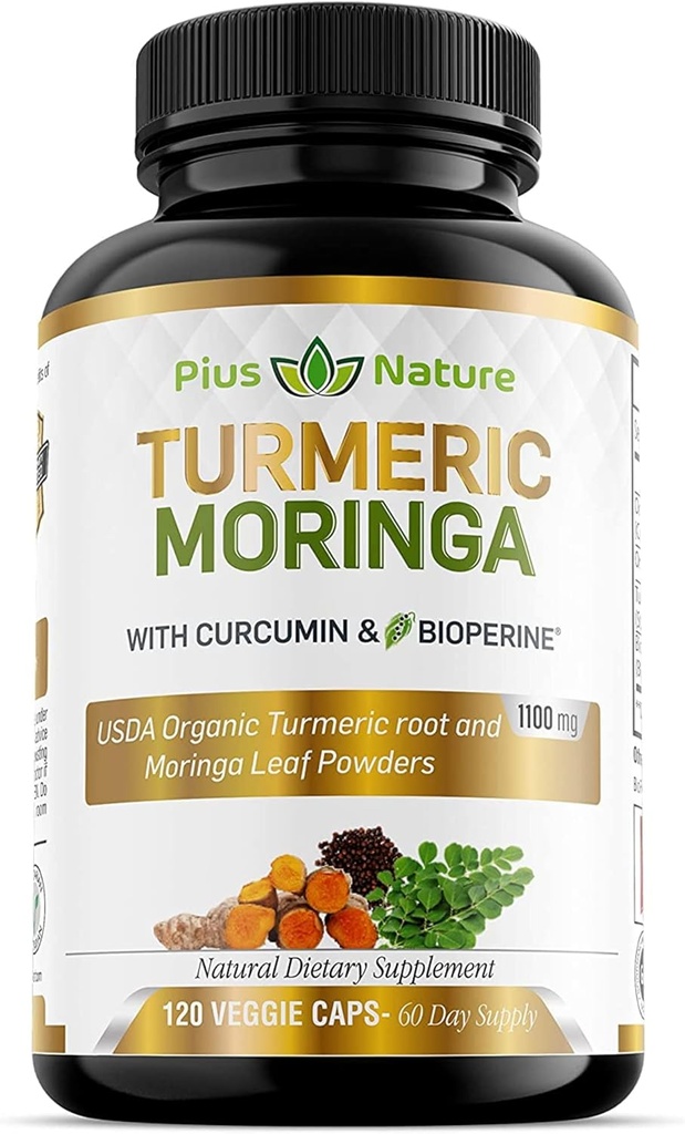 Turmeric Moringa - Βιολογικά συμπληρώματα κουρκουμίνης και οργανική σκόνη Moringa - 120 κάψουλες Veggie συμπλήρωμα για γυναίκες και άνδρες