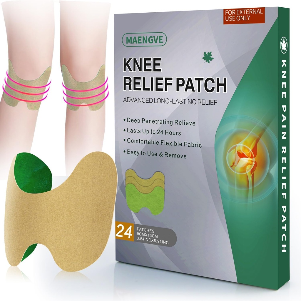 Knee Pain Relief Patch 24 Count - Warming Herbal Knee Patches with Mugwort, Capsaicin & Menthol - 12 Hour Long Lasting Knee Support for Bone on Bone, Joint Pain, Muscle Soreness