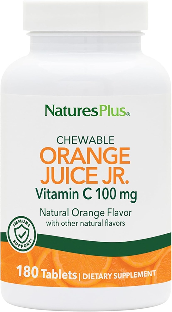 NaturesPlus Orange Juice Jr. - 180 Μασώμενα Δισκία - 100 mg Βιταμίνη C - Υποστήριξη ανοσοποιητικού συστήματος - Απαλό στο στομάχι - Vegan, Χωρίς γλουτένη - 180 Σερβιέτες