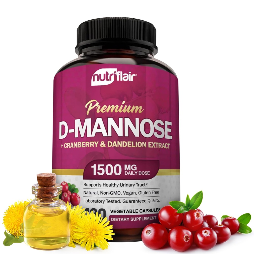 NutriFlair D-Mannose 1200mg, 120 κάψουλες - με εκχύλισμα βατόμουρου και δαντέλας - Φυσικό ουροποιητικό υλικό υγείας UTI - Best D Mannose σκόνη - Flush προσμείξεις, Detox σώμα, για γυναίκες και άνδρες