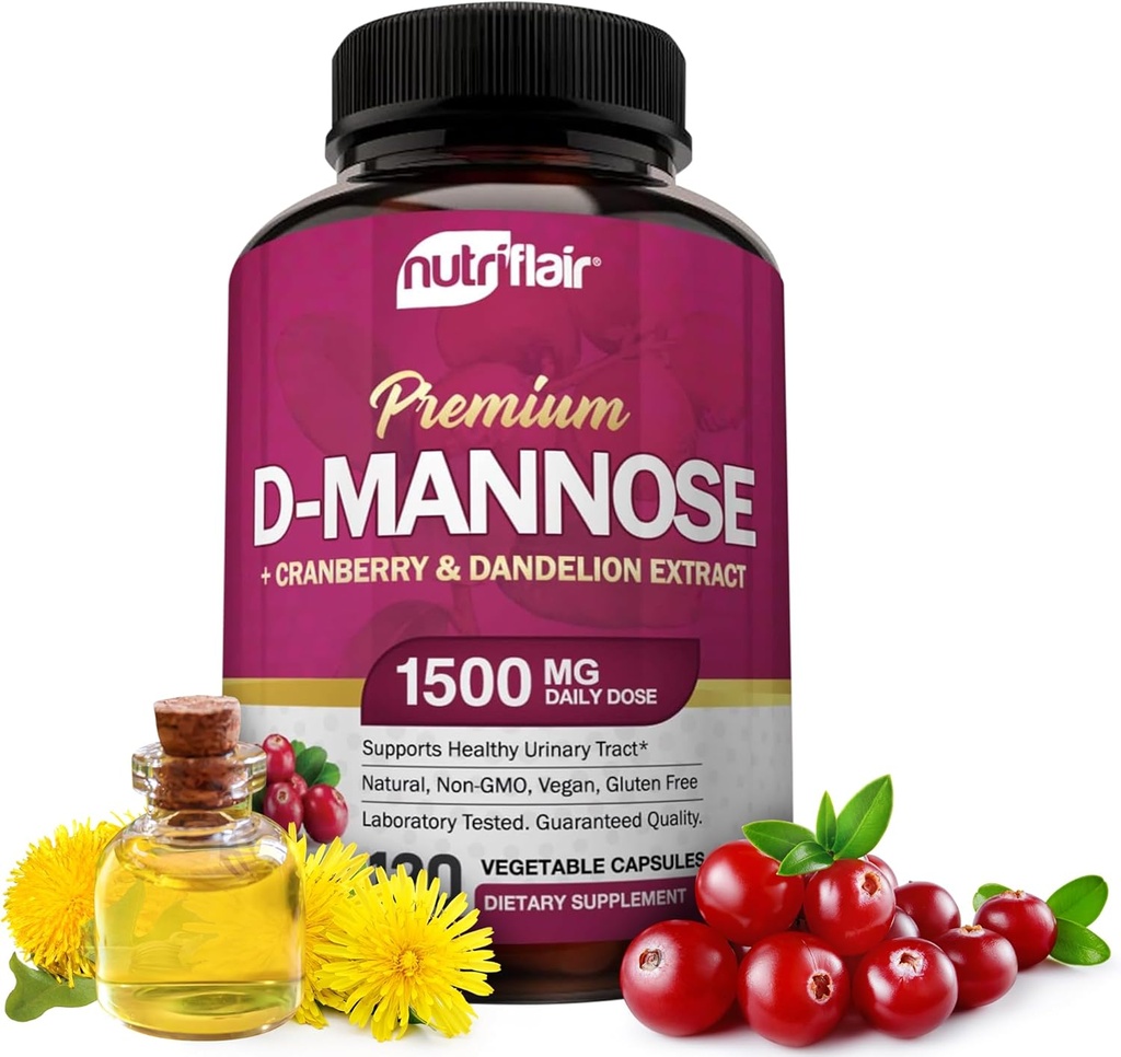 NutriFlair D-Mannose 1200mg, 120 Capsules - with Cranberry and Dandelion Extract - Natural Urinary Tract Health UTI Support - Best D Mannose Powder - Flush Impurities, Detox Body, for Women and Men
