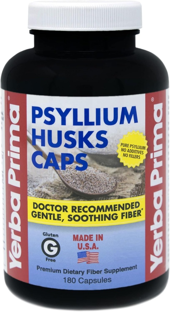 Yerba Prima Psyllium Husks Caps Dietary Fiber 625 mg, 180 Κάψουλες - Συμπλήρωμα καθαρισμού του παχέος εντέρου - Υγεία των ούρων - Χωρίς γλουτένη μη ΓΤΟ