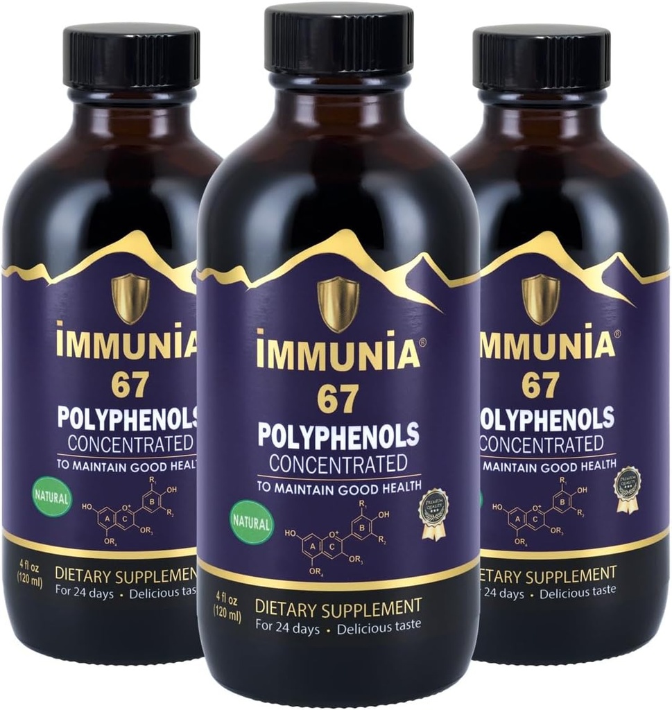 Immunia 67 Polyphenols - Συμπυκνωμένο μούρο & Αντιοξειδωτικά Φρούτα. Premium Αντιοξειδωτικό συμπλήρωμα με 67 Πολυφαινόλες (Anthocyanins, Quercetin, Resveratrol, κ.λπ.) 24-ήμερη προμήθεια ανά φιάλη (3-πακέτο)