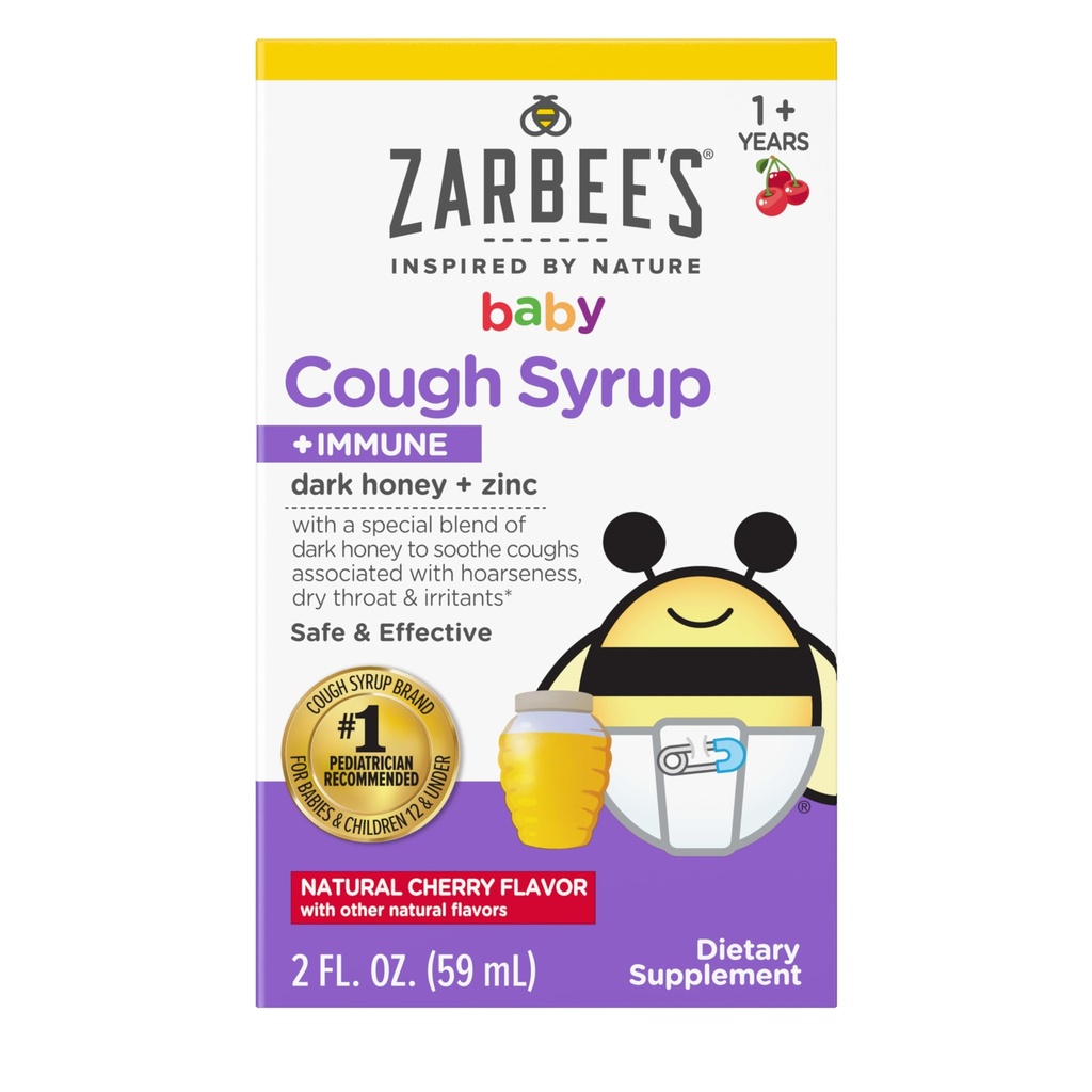 Zarbee's Baby Honey Cough Syrup + Ανοσοποιητικό για μωρά 12-24 Μήνες, Ασφαλές & Αποτελεσματικό Σιρόπι για Βήχα με Καταπραϋντικό Σκοτεινό Μέλι & Ψευδάργυρο για Ανοσολογική Υποστήριξη*, Ναρκωτικά & Χωρίς Αλκοόλ, Τσέρι, 2 fl. oz