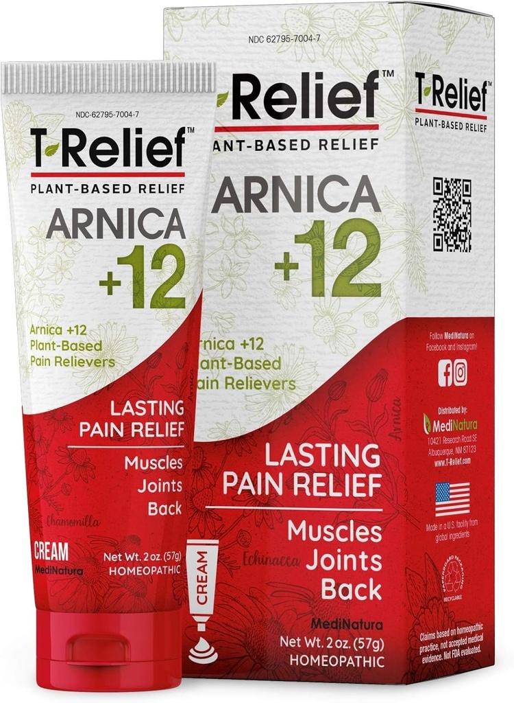 T-Relief Arnica +12 Cream Natural Relieving Actives for Back Pain Joint Soreness Muscle Aches & Stiffness Whole Body Fast-Acting Relief for Women & Men - 2 oz