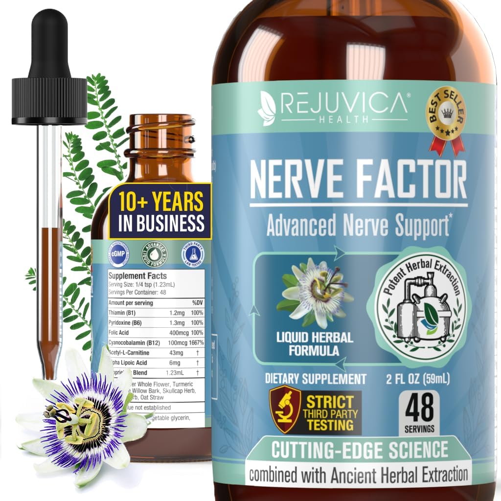 Rejuvica Health NerveFactor - Advanced Nerve Support Supplement - Υγρή Παράδοση για Καλύτερη Απορρόφηση - Acetyl-L-Carnitine, Alpha Lipoic Acid, Vitamin B12, Folic Acid, White Willow Bark & More!