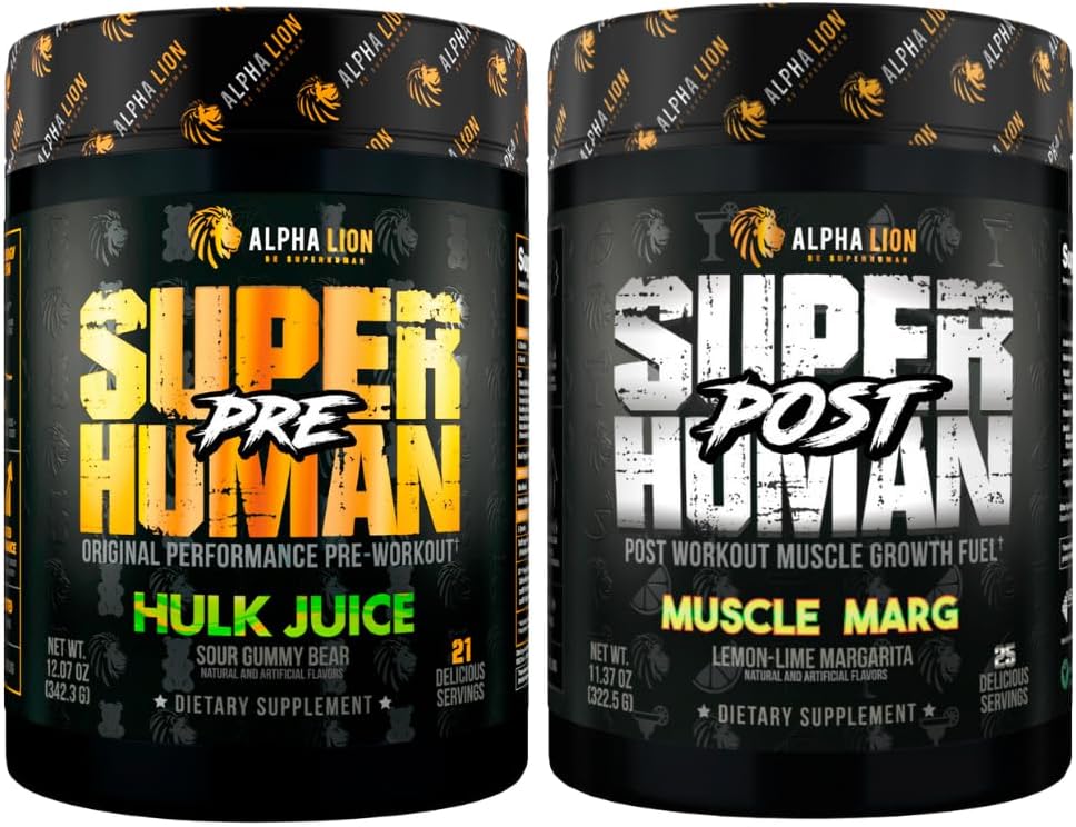 ALPHA LION Superhuman Pre Processing Powder & Post Processout Recovery Bundle, Contensive Energy & Focus + Lean μυϊκή ανάπτυξη, δύναμη & όγκο (Hulk Juice & Muscle Marg
