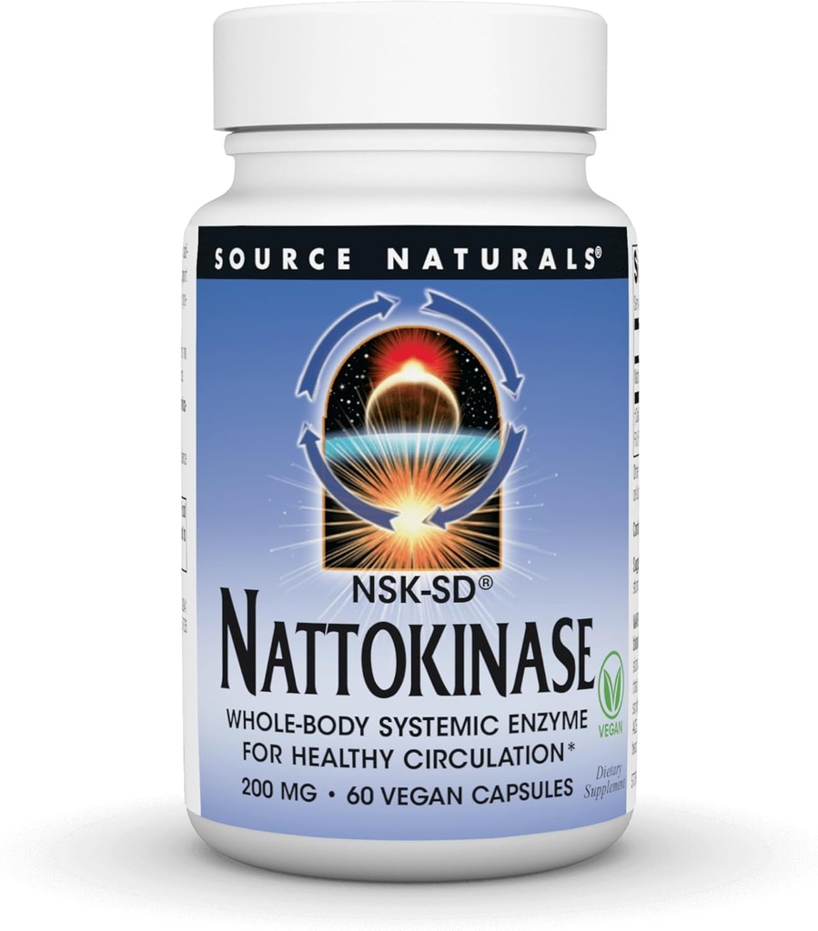 Source Naturals NSK- SD, Nattokinase, Vegetarian Friendly, Whole Body Systemic Enzyme for Healthy Circulation *, 200 mg - 60 Vegetarian Caps