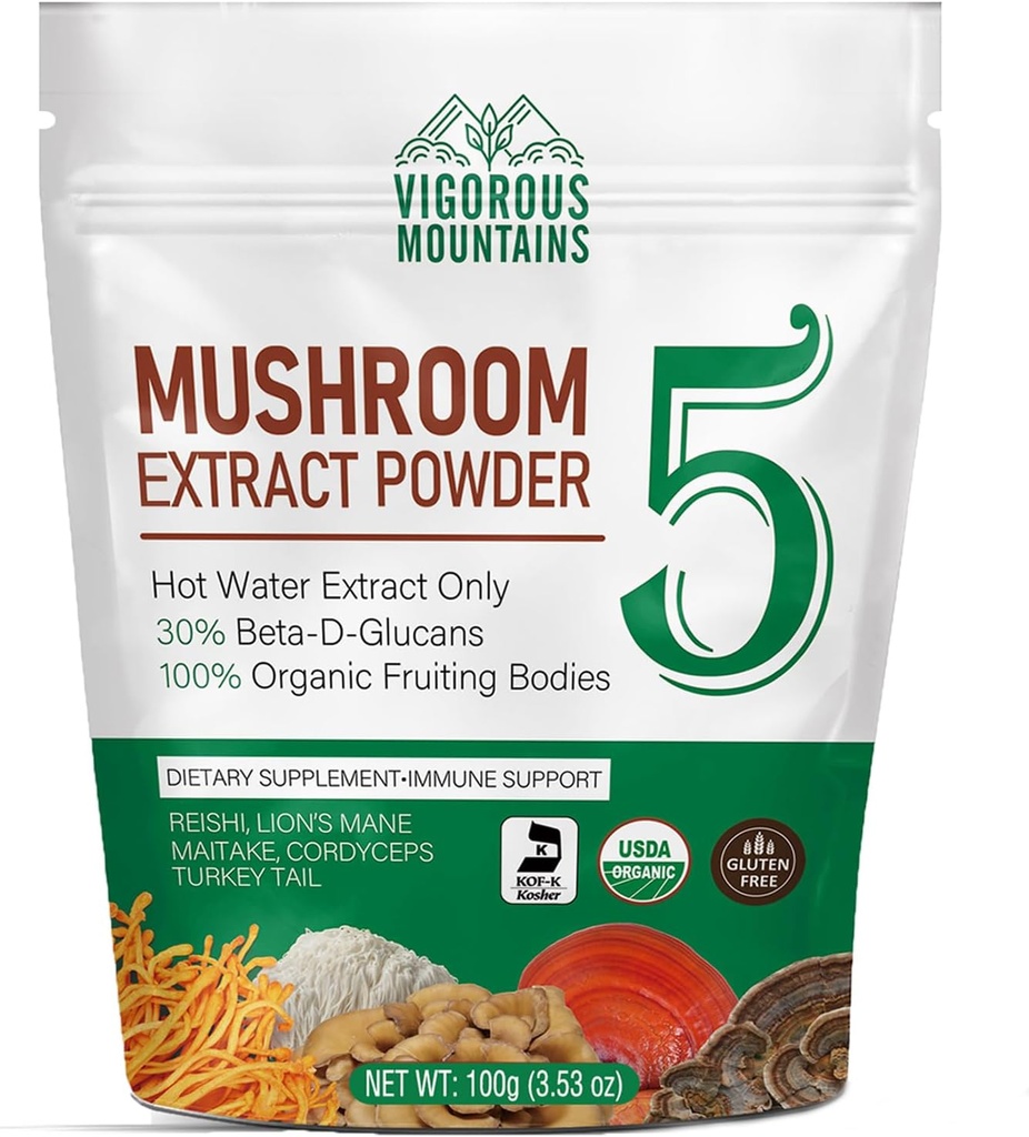 VIGOROUS MOUNTAINS Organic Mushroom Powder Supplement - USDA Certified, Lions Mane & Reishi για ανοσοποιητική υποστήριξη, εγκεφαλική εστίαση, Vegan, αναμειγνύεται άμεσα σε καφέ & smoothies (100g)
